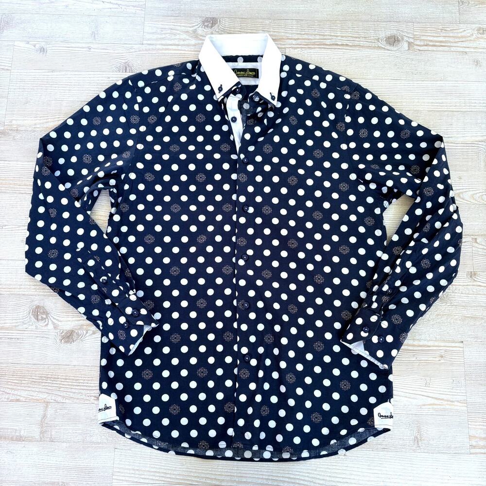 Banana Lemon Printed Contrast Collar Button Up‎ Dress Shirt | Navy M